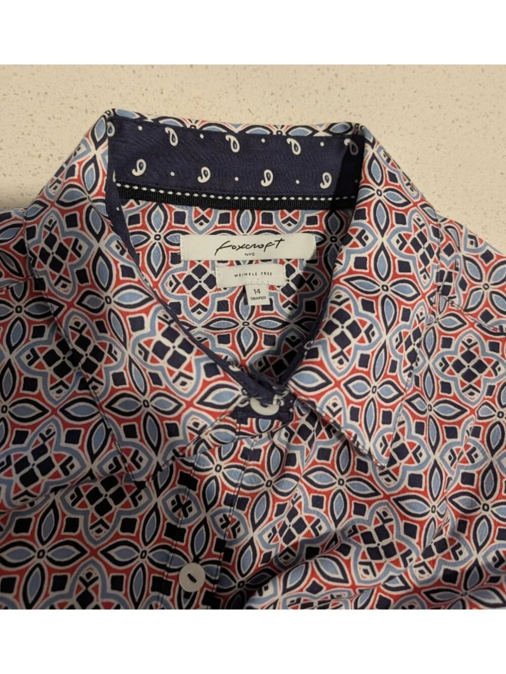 Foxcroft Womens Wrinkle-Free Button-Up Shirt Size 14 Geometric Print 3/4 Sleeves - Picture 15 of 15
